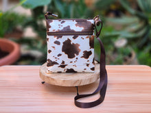 Load image into Gallery viewer, Brown and cream cow print vegan faux leather small cross body purse