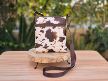 Load image into Gallery viewer, Brown and cream cow print vegan faux leather small cross body purse