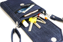 Load image into Gallery viewer, Denim phone bag with pockets for small everyday carry essentials