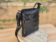 Load image into Gallery viewer, Black patent crocodile vegan leather small crossbody bag for women
