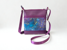 Load image into Gallery viewer, Purple and teal marble print vegan faux leather small crossbody bag