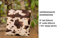 Load image into Gallery viewer, Brown and cream cow print vegan faux leather small cross body purse