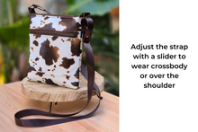 Load image into Gallery viewer, Brown and cream cow print vegan faux leather small cross body purse