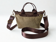 Load image into Gallery viewer, Brown vegan leather and olive green corduroy mini tote bag