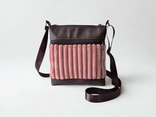 Load image into Gallery viewer, Brown vegan leather and pink chunky corduroy small crossbody bag for women