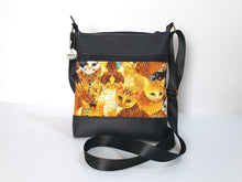 Load image into Gallery viewer, Black vegan leather and cat fabric small crossbody purse for cat lover