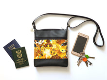 Load image into Gallery viewer, Black vegan leather and cat fabric small crossbody purse for cat lover