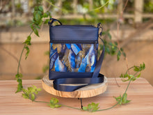 Load image into Gallery viewer, Blue faux vegan leather and fabric small crossbody purse for women