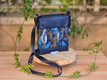 Load image into Gallery viewer, Blue faux vegan leather and fabric small crossbody purse for women