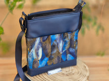 Load image into Gallery viewer, Blue faux vegan leather and fabric small crossbody purse for women