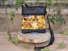 Load image into Gallery viewer, Black vegan leather and cat fabric small crossbody purse for cat lover