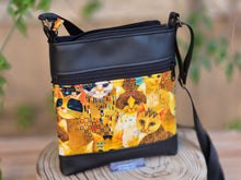 Load image into Gallery viewer, Black vegan leather and cat fabric small crossbody purse for cat lover