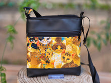 Load image into Gallery viewer, Black vegan leather and cat fabric small crossbody purse for cat lover