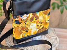 Load image into Gallery viewer, Black vegan leather and cat fabric small crossbody purse for cat lover