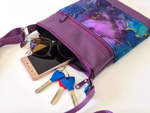 Load image into Gallery viewer, Purple and blue marble print vegan faux leather small crossbody bag