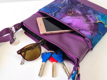 Load image into Gallery viewer, Purple and blue marble print vegan faux leather small crossbody bag