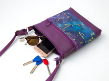 Load image into Gallery viewer, Purple and teal marble print vegan faux leather small crossbody bag