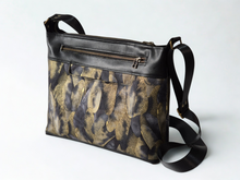 Load image into Gallery viewer, Vegan friendly black faux leather and fabric medium cross body purse