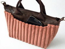 Load image into Gallery viewer, Brown vegan leather and pink velour corduroy mini tote bag