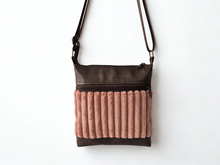 Load image into Gallery viewer, Brown vegan leather and pink chunky corduroy small crossbody bag for women