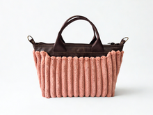 Load image into Gallery viewer, Brown vegan leather and pink velour corduroy mini tote bag