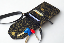 Load image into Gallery viewer, Black and gold fabric small crossbody cell phone purse vegan phone bag