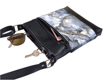 Load image into Gallery viewer, Gray black gold marble print vegan faux leather small crossbody bag