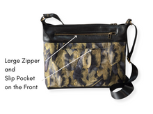 Load image into Gallery viewer, Vegan friendly black faux leather and fabric medium cross body purse