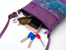 Load image into Gallery viewer, Purple and teal marble print vegan faux leather small crossbody bag