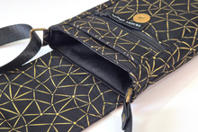 Load image into Gallery viewer, Black and gold fabric small crossbody cell phone purse vegan phone bag