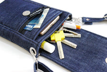 Load image into Gallery viewer, Denim phone bag with pockets for small everyday carry essentials