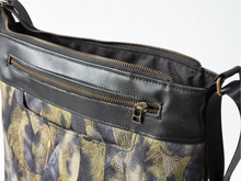 Load image into Gallery viewer, Vegan friendly black faux leather and fabric medium cross body purse