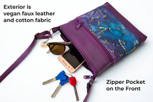 Load image into Gallery viewer, Purple and teal marble print vegan faux leather small crossbody bag