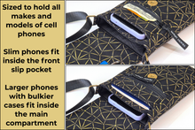 Load image into Gallery viewer, Black and gold fabric small crossbody cell phone purse vegan phone bag