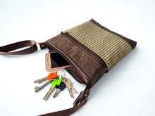 Load image into Gallery viewer, Brown vegan leather and olive green corduroy small crossbody bag for women