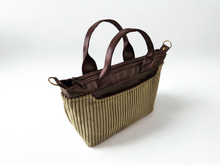 Load image into Gallery viewer, Brown vegan leather and olive green corduroy mini tote bag