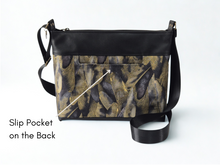 Load image into Gallery viewer, Vegan friendly black faux leather and fabric medium cross body purse