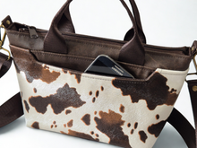 Load image into Gallery viewer, Brown vegan faux cow leather small tote bag