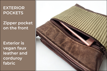 Load image into Gallery viewer, Brown vegan leather and olive green corduroy small crossbody bag for women