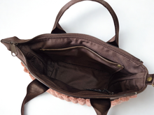 Load image into Gallery viewer, Brown vegan leather and pink velour corduroy mini tote bag
