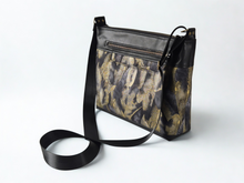 Load image into Gallery viewer, Vegan friendly black faux leather and fabric medium cross body purse