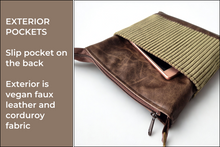 Load image into Gallery viewer, Brown vegan leather and olive green corduroy small crossbody bag for women