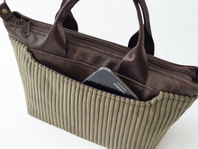 Load image into Gallery viewer, Brown vegan leather and olive green corduroy mini tote bag