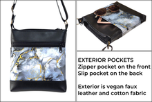 Load image into Gallery viewer, Gray black gold marble print vegan faux leather small crossbody bag