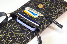 Load image into Gallery viewer, Black and gold fabric small crossbody cell phone purse vegan phone bag