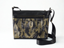 Load image into Gallery viewer, Vegan friendly black faux leather and fabric medium cross body purse