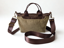 Load image into Gallery viewer, Brown vegan leather and olive green corduroy mini tote bag