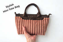 Load image into Gallery viewer, Brown vegan leather and pink velour corduroy mini tote bag
