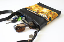 Load image into Gallery viewer, Black vegan leather and cat fabric small crossbody purse for cat lover