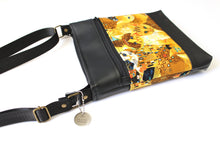 Load image into Gallery viewer, Black vegan leather and cat fabric small crossbody purse for cat lover